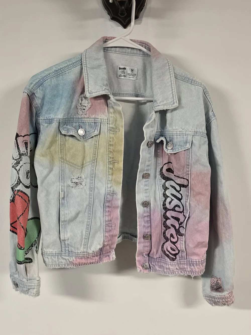 Justice Girls Ring Pop Bazooka Denim Jacket Tie Dye Pastel Distressed Size M 10